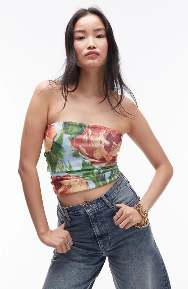 Topshop Painted Floral Strapless Crop Top Red Multi at Nordstrom,