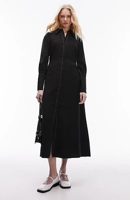 Topshop Ruched Side Long Sleeve Midi Shirtdress Black at Nordstrom, Us