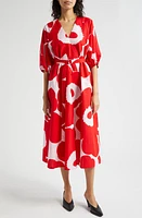 Marimekko Aiva Unikko Floral Puff Sleeve Belted Cotton & Linen Dress Red Light Pink at Nordstrom, Us