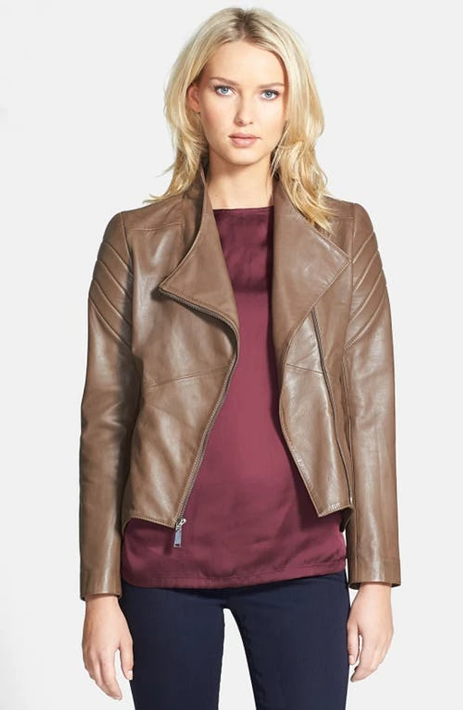 Elie Tahari 'Celeste' Asymmetrical Leather Moto Jacket in Fossil at Nordstrom, Size Medium