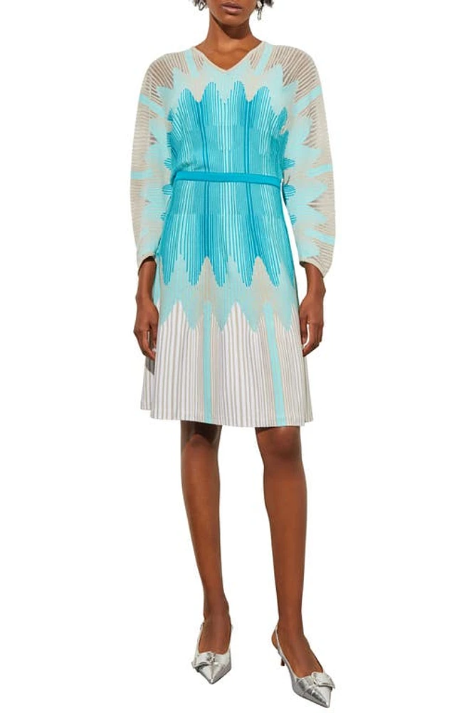 Ming Wang Long Sleeve Knit Minidress in Oceanfront/bermuda/limestone at Nordstrom, Size Medium