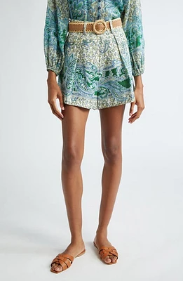 Zimmermann Ottie Paisley Print Belted Linen Shorts Green at Nordstrom,