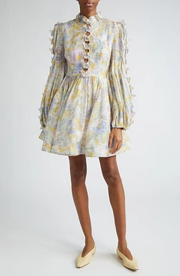 Zimmermann Butterfly Embellished Long Sleeve Linen & Silk Minidress Blue Meadow at Nordstrom,