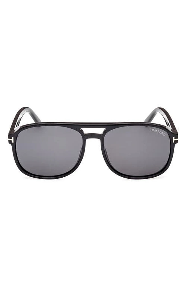 TOM FORD Rosco 58mm Navigator Sunglasses in Shiny Black /Logo /Smoke at Nordstrom