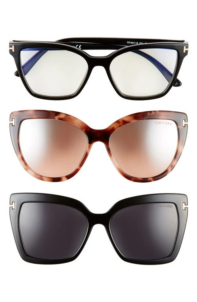 TOM FORD 53mm Blue Light Blocking Cat Eye Glasses & Interchangeable Sunglasses Clips Set in Shiny Black/Clear at Nordstrom