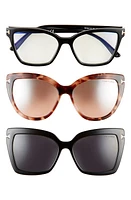 TOM FORD 53mm Blue Light Blocking Cat Eye Glasses & Interchangeable Sunglasses Clips Set in Shiny Black/Clear at Nordstrom