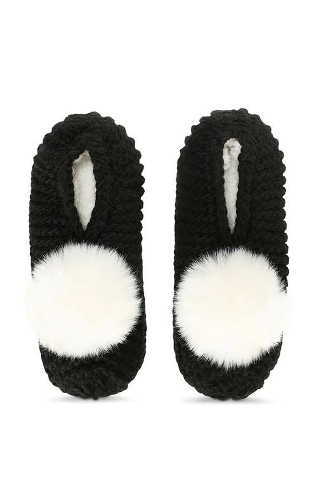 MeMoi Faux Fur Pompom Faux Shearling Lined Slipper Socks in Black at Nordstrom, Size 9