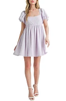 All Favor Puff Sleeve Tie Back Babydoll Minidress Lilac at Nordstrom,