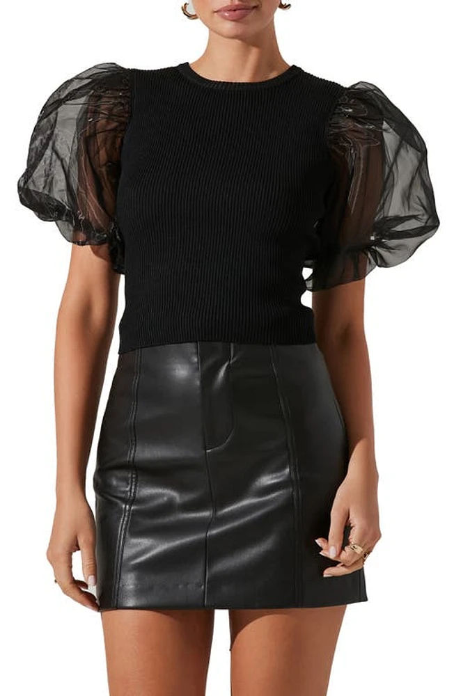 ASTR the Label Avery Organza Puff Sleeve Open Back Top in Black at Nordstrom, Size Medium