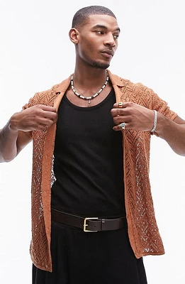 Topman Zigzag Short Sleeve Cotton & Linen Pointelle Cardigan Rust at Nordstrom,