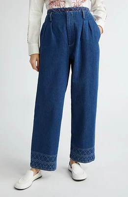 Bode Murray Embroidered Wide Leg Jeans Indigo at Nordstrom,