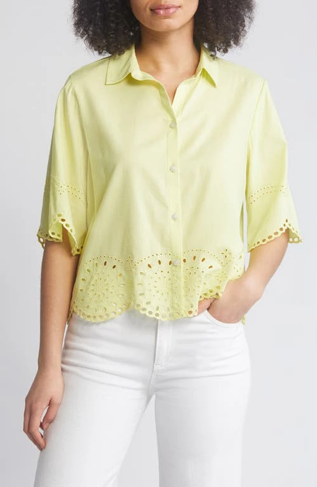 beachlunchlounge Clo Eyelet Border Button-Up Shirt Acid Yellow at Nordstrom,