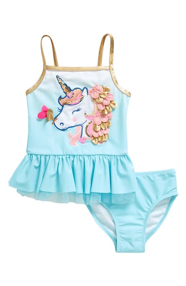 Flapdoodles Kids' Unicorn Appliqué Two-Piece Swimsuit Light Blue at Nordstrom,