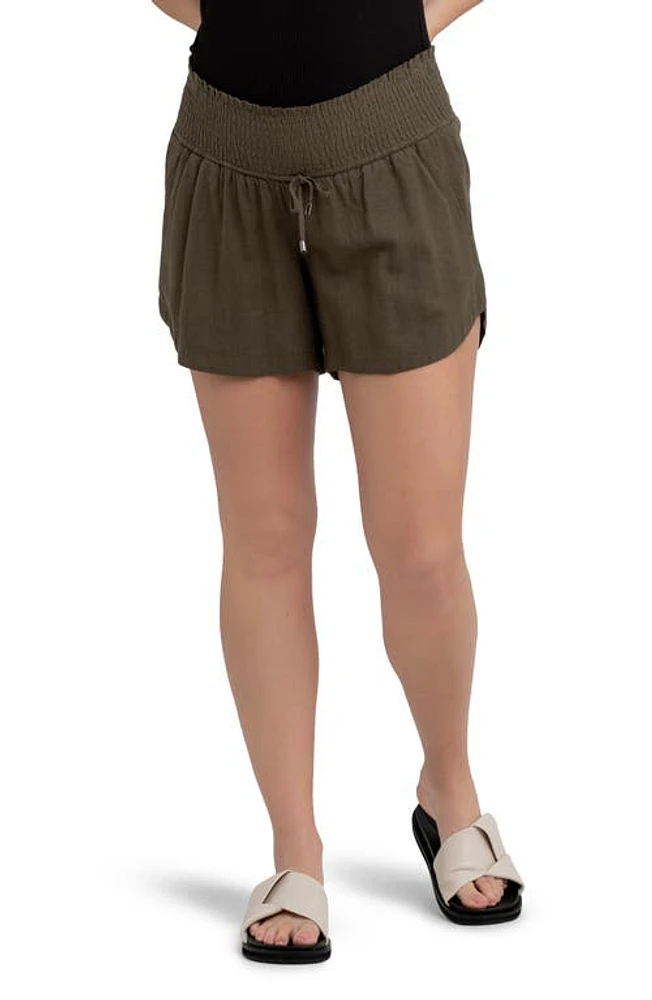 Ripe Maternity Byron Smocked Waist Maternity Shorts in Olive at Nordstrom, Size Xx-Large