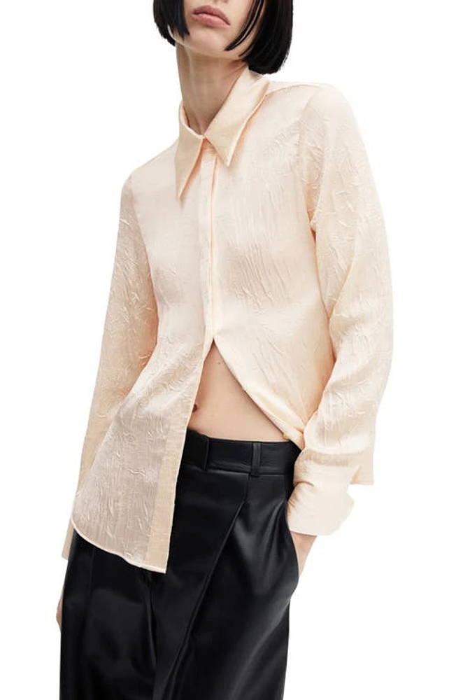 MANGO Arru Creased Satin Button-Up Shirt Light Beige at Nordstrom,