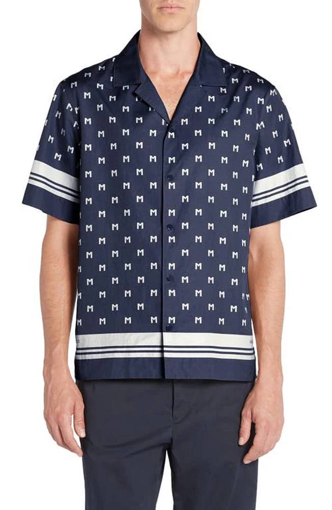 Moncler Logo Short Sleeve Cotton Poplin Button-Up Shirt Navy at Nordstrom,