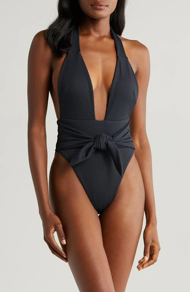 MONTCE Tropez Tie Waist Halter One-Piece Swimsuit Black Rib at Nordstrom,