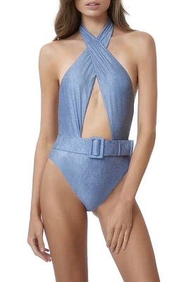 PQ SWIM Belted Alex Crossover Halter One-Piece Swimsuit Indie Sky at Nordstrom,