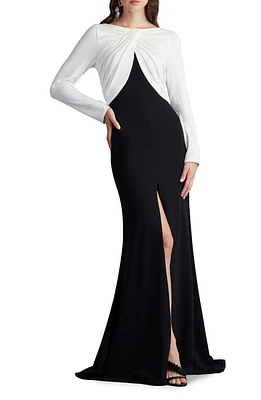 Tadashi Shoji Front Twist Long Sleeve Crepe Gown Ivory/Black at Nordstrom,