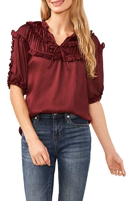 CeCe Ruffle Yoke Satin Top Deep Red at Nordstrom,