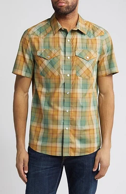 Pendleton The Bishop Plaid Short Sleeve Pima Cotton Shirt in Green/Gold/Tan Plaid at Nordstrom, Size Large