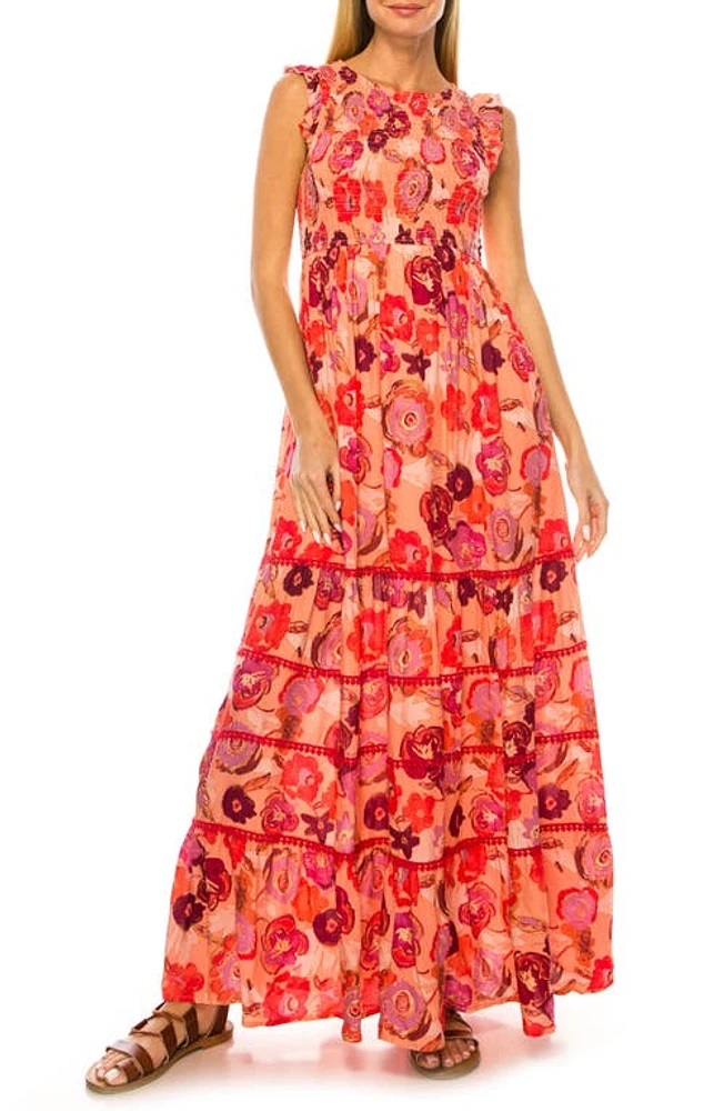 A COLLECTIVE STORY Floral Print Smocked Tiered Maxi Dress in Coral Almond at Nordstrom, Size Large