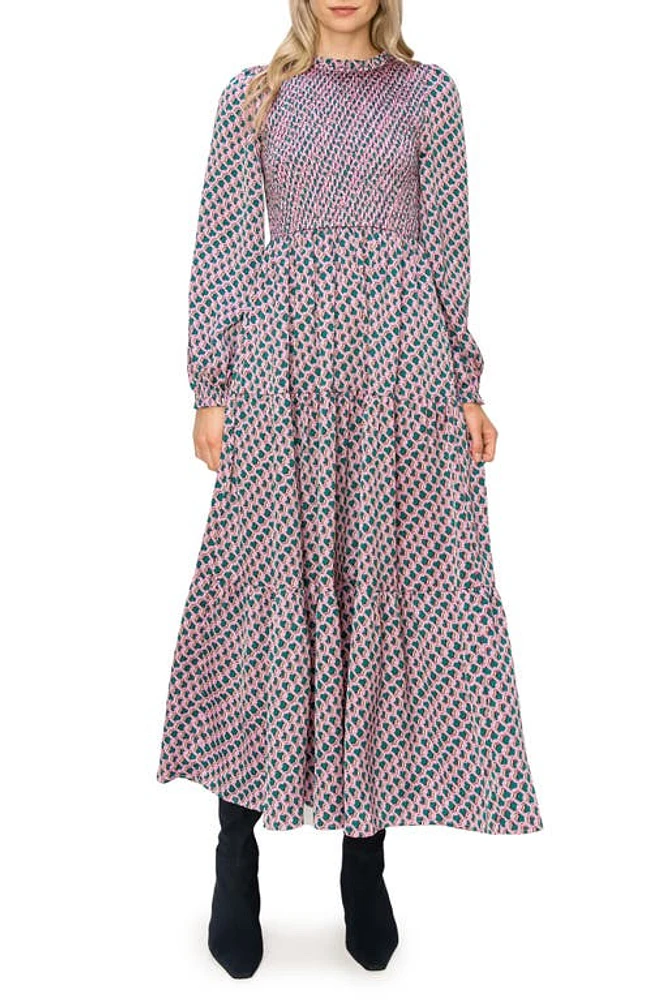 MELLODAY Floral Long Sleeve Smocked Maxi Dress in Pink Multi at Nordstrom, Size X-Large