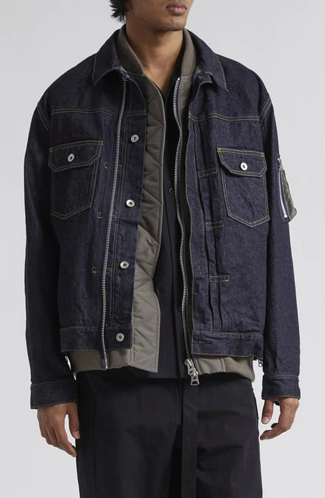 Sacai Layered Mixed Media Denim Jacket Indigo at Nordstrom,