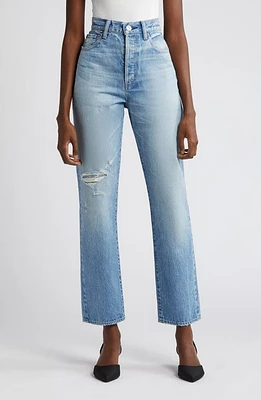 MOUSSY Cliffdale Ripped High Waist Straight Leg Jeans Light Blue at Nordstrom,