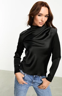 ASOS DESIGN Shoulder Pad Long Sleeve Stretch Satin Top Black at Nordstrom, Us