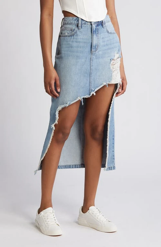 HIDDEN JEANS Heavy Distressed High-Low Hem Denim Skirt Light Wash at Nordstrom,