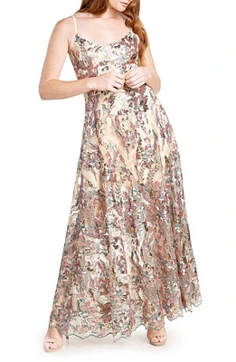 Dress the Population Umalina Sequin Floral Fit & Flare Gown in Beige/Lavender Multi at Nordstrom, Size X-Large