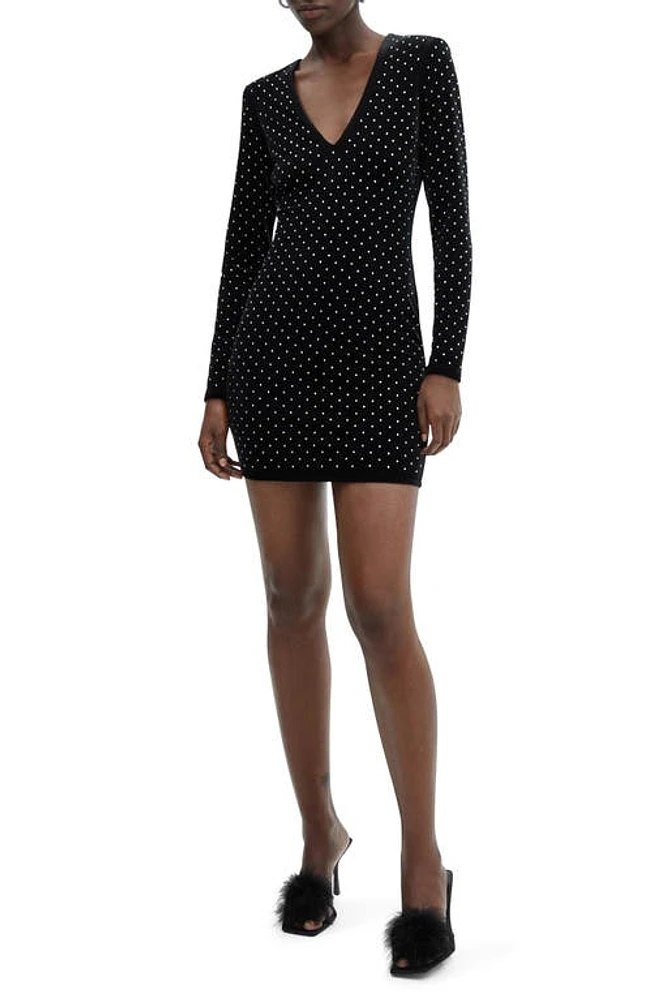 MANGO Rhinestone Long Sleeve Velvet Minidress Black at Nordstrom,