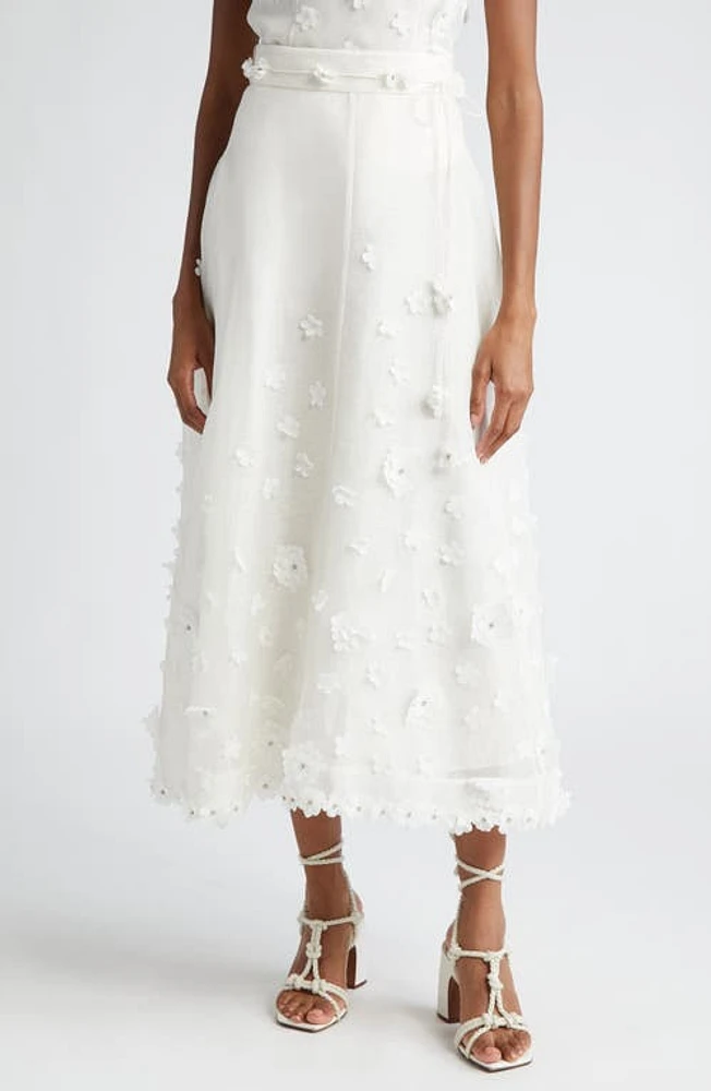 Zimmermann Matchmaker Floral Appliqué Linen & Silk Organza Skirt in Ivory at Nordstrom, Size 0