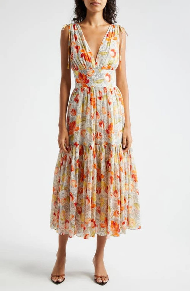 Cinq à Sept Pooja Floral Print Cotton & Silk Midi Dress Ivory Multi at Nordstrom,