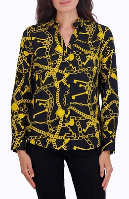 Foxcroft Mary Chain Print Cotton Button-Up Shirt Black/Yellow at Nordstrom,