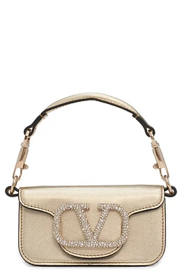 Valentino Garavani Mini Locò VLOGO Crystal Detail Metallic Leather Shoulder Bag in P16 Platino/Crystal at Nordstrom