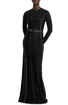 St. John Evening Rhinestone Studded Long Sleeve Knit Gown in Black at Nordstrom, Size 0