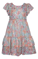 Iris & Ivy Kids' Metallic Floral Chiffon Dress Aqua at Nordstrom,