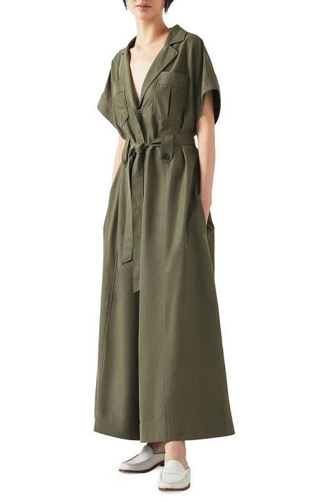 LK Bennett Isla Tie Waist Wide Leg Utility Jumpsuit Khaki at Nordstrom, Us