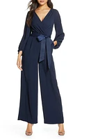 Eliza J Faux Wrap Long Sleeve Jumpsuit Navy at Nordstrom,