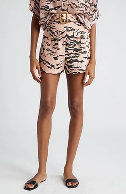 Zimmermann Matchmaker Tiger Stripe Belted High Waist Linen Safari Shorts Pink at Nordstrom,