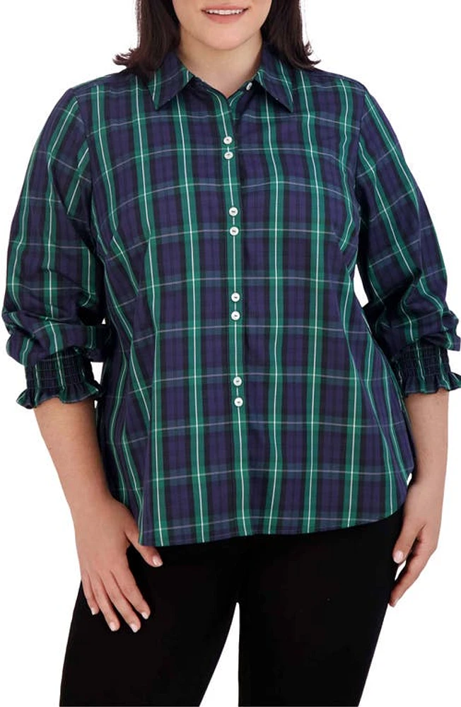 Foxcroft Olivia Plaid Button-Up Shirt Black Watch at Nordstrom,