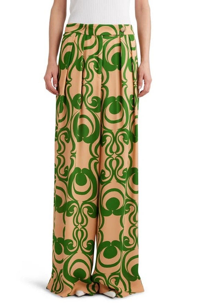 Dries Van Noten Swirl Print Wide Leg Extralong Pleated Pants Green at Nordstrom, Us