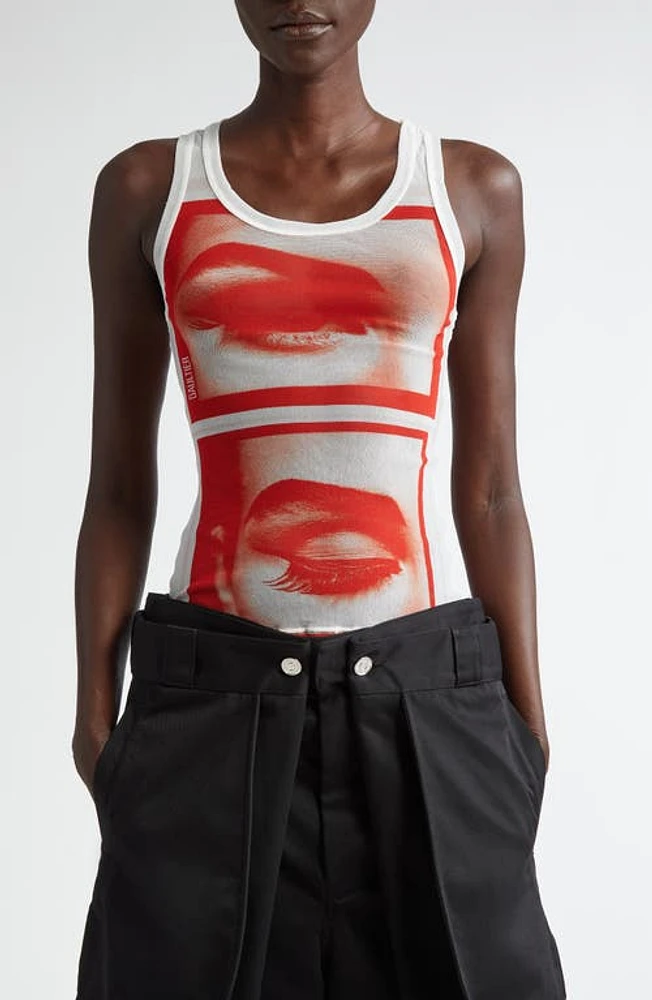 Jean Paul Gaultier Eye Print Mesh Tank White/Red/Light Orange at Nordstrom,