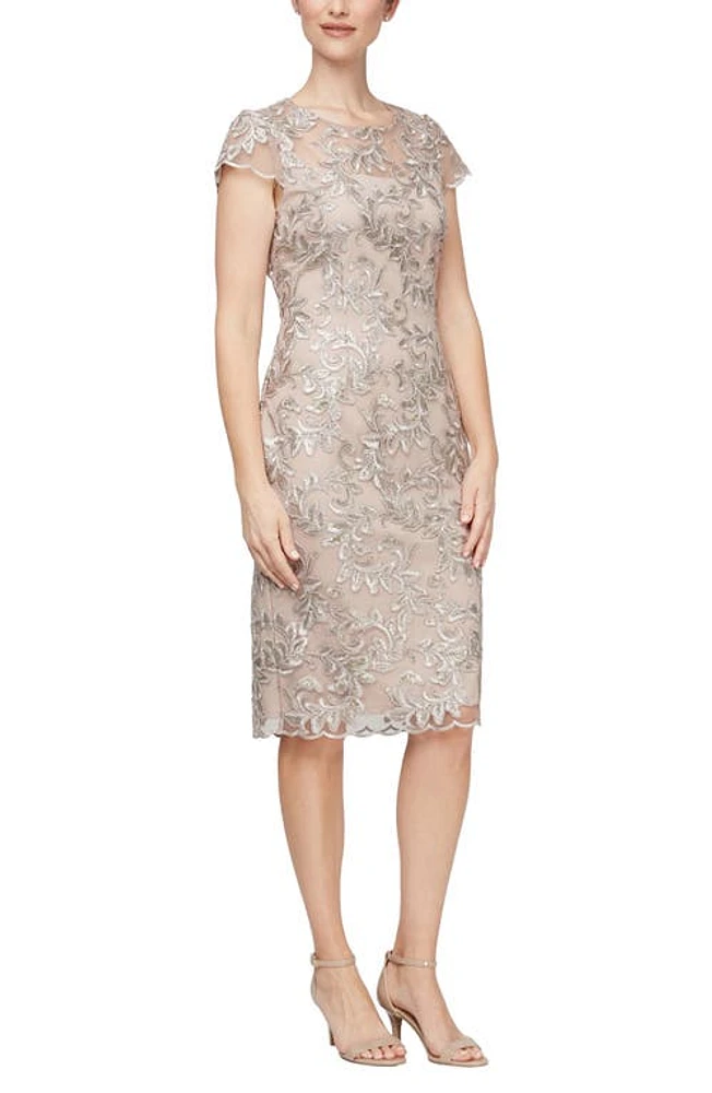 Alex Evenings Embroidered Illusion Yoke Sequin Sheath Dress in Taupe at Nordstrom, Size 16P