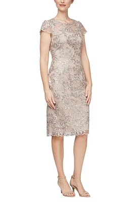 Alex Evenings Embroidered Illusion Yoke Sequin Sheath Dress in Taupe at Nordstrom, Size 16P