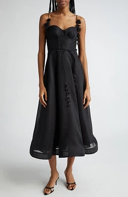 Zimmermann Natura Linen & Silk Organza Corset Midi Dress in Black at Nordstrom, Size 0