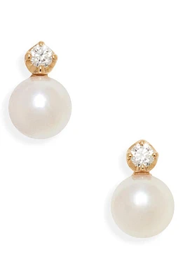 Mikimoto Akoya Cultured Pearl & Diamond Stud Earrings in Yellow Gold at Nordstrom