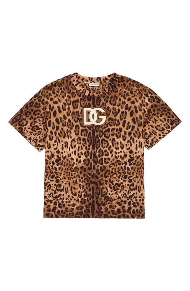 Dolce & Gabbana Kids' Logo Patch Leopard Print Cotton T-Shirt in Hk93M Leo Fdo Nocciola at Nordstrom, Size 6Y